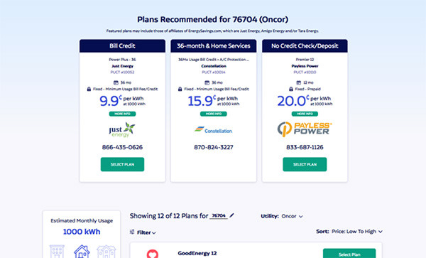 EnergySavings.com | Recommended Plans for Oncor