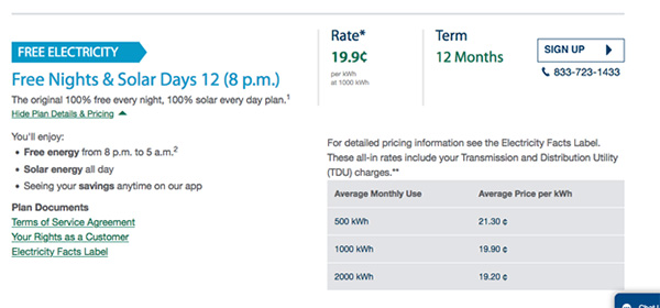 TXU Plan Screenshot Free Nights & Solar Days 12 (8 pm)