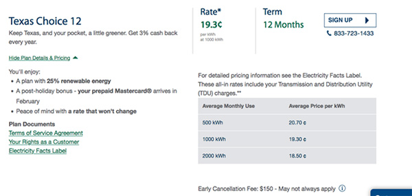 TXU Plan Screenshot Renewable Energy Products