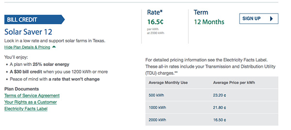 TXU Plan Screenshot Solar Saver 12